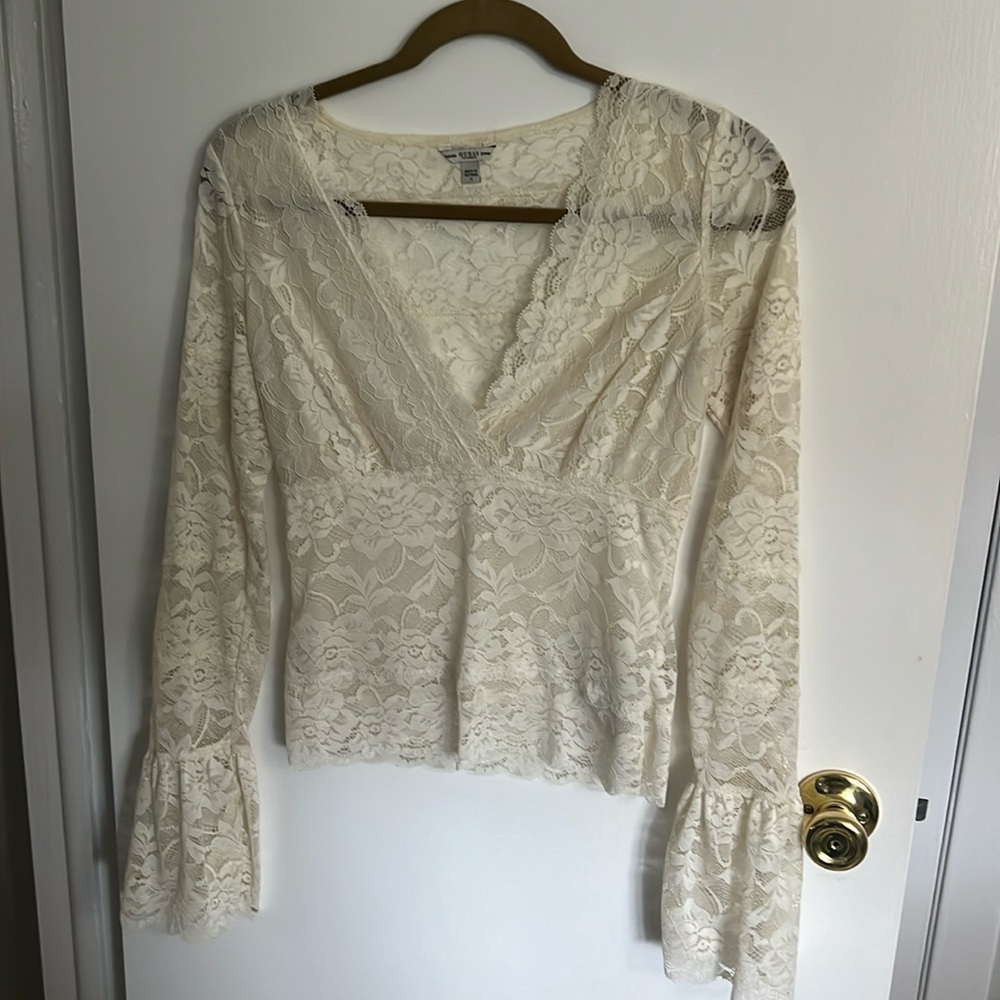 V-neck lace blouse with flutter sleeves